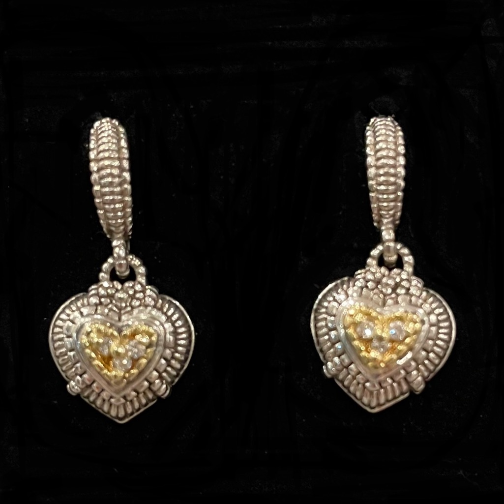 Judith Ripka Diamond Heart Drop Earrings Sterling Silver 18k Gold 280$